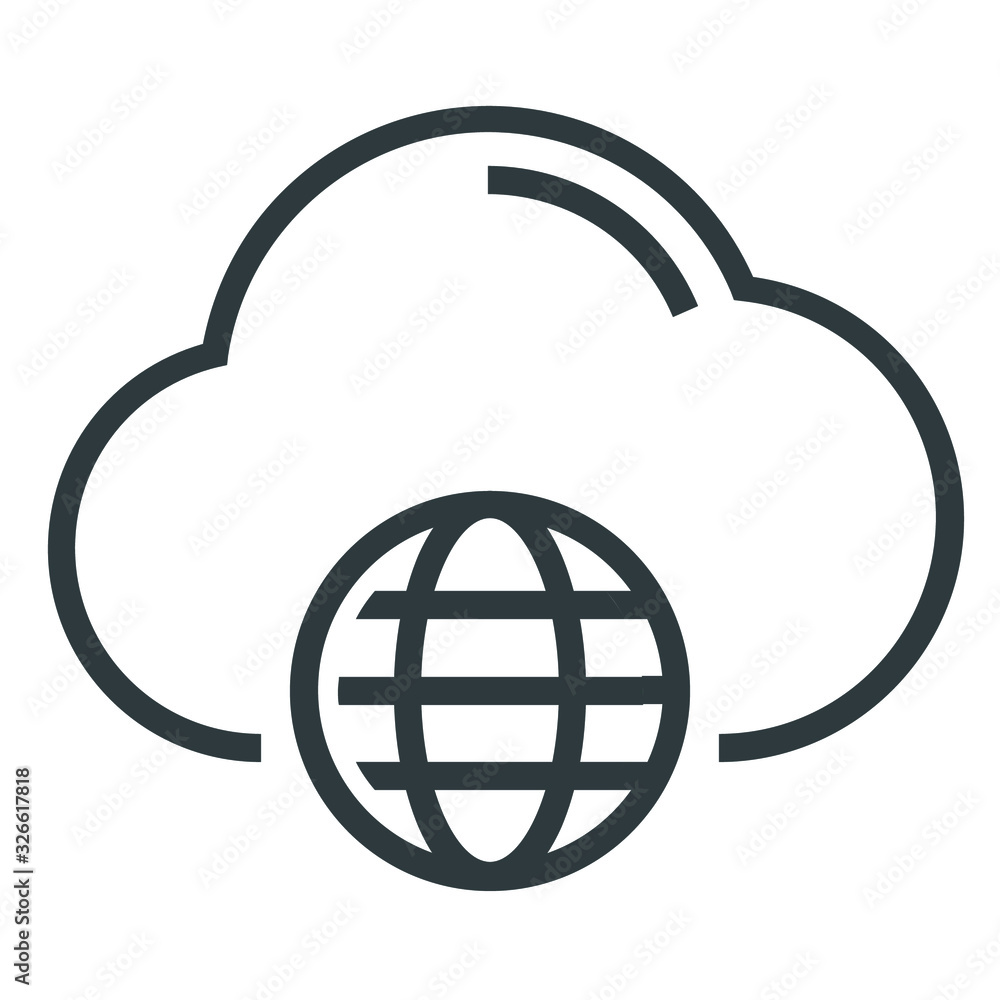 Cloud globe black line icon on white background