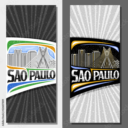 Vector layouts for Sao Paulo, invitation with line illustration of contemporary sao paulo city scape on day and dusk sky background, art design tourist card with creative letters for words sao paulo.