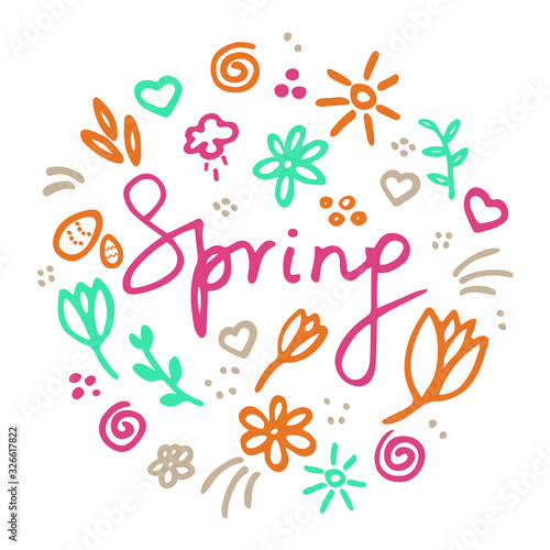 Spring vibes. Felt-tip pen hand drawn illustration. Cute doodle elemets for digital and print
