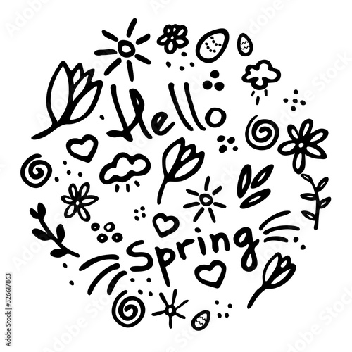 Spring vibes. Marker hand drawn illustration. Cute doodle elemets for digital and print. Hand written text Hello spring.