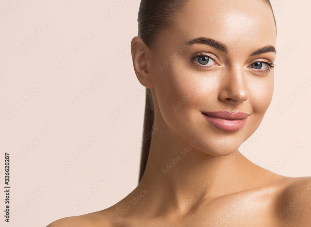 Woman beautiful face happy smile natural make up fresh clean skin beauty Woman beautiful face happy smile natural make up fresh clean skin beauty