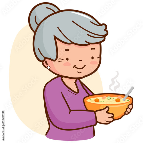 Grandma serving a steaming hot bowl of soup. Vector illustration