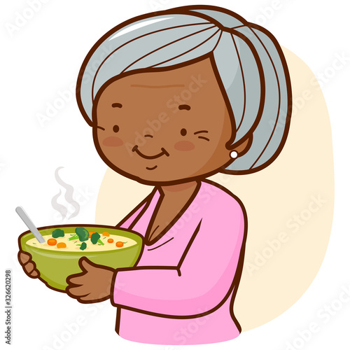 Grandma holding a bowl of soup. Vector illustration