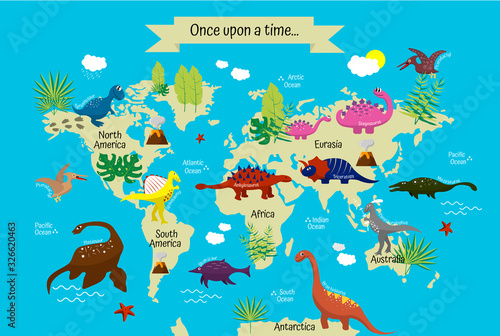 Cartoon dinosaurs with names on modern world map. Continents and oceans. Geography for preschoolers and schoolchildren © Elena