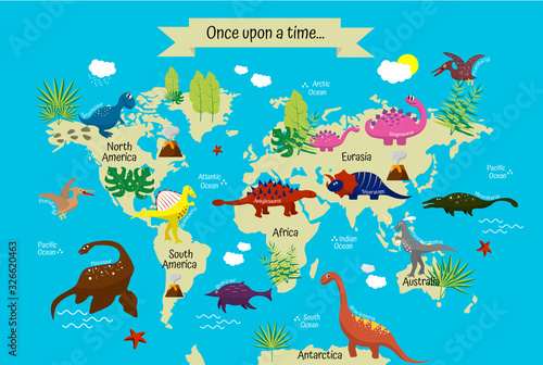Cartoon dinosaurs with names on modern world map. Continents and oceans. Geography for preschoolers and schoolchildren