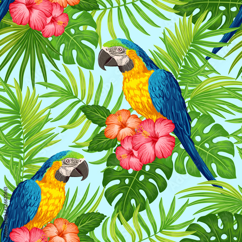 Tropical floral pattern with parrots