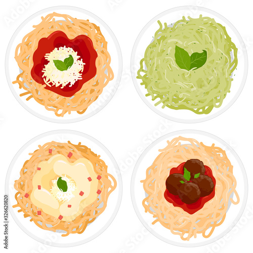 Spaghetti dishes with cream sauce, tomato sauce, basil and pesto. Vector illustration