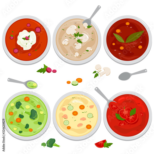 Bowls of soup with vegetables, mushrooms, chicken, Russian borscht soup, tomato and lentil soup. Vector illustration