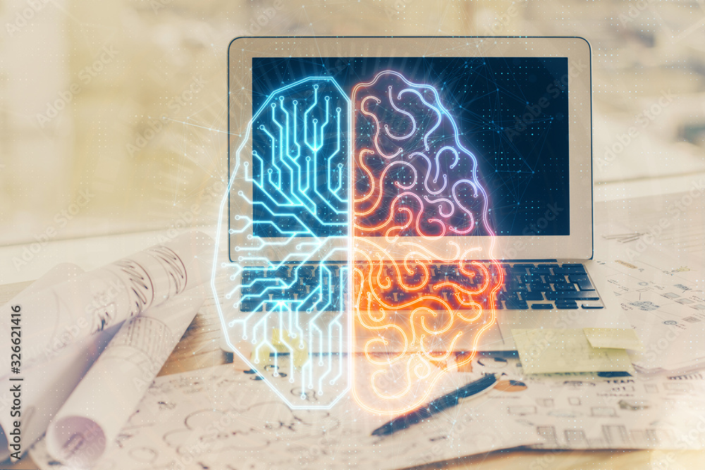 Multi exposure of work space with computer and human brain hologram. Brainstorm concept. Multi exposure of work space with computer and human brain hologram. Brainstorm concept.