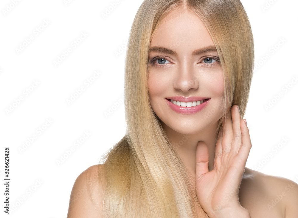 Beauty teeth smile woman face natural make up clean skin long blonde hair female Beauty teeth smile woman face natural make up clean skin long blonde hair female