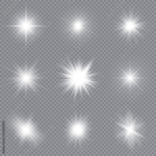 Set of bright stars. Sunlight translucent special design light effect. Vector illustration.