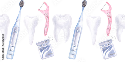 Watercolor seamless border on the theme of dentistry. Elements of dental care