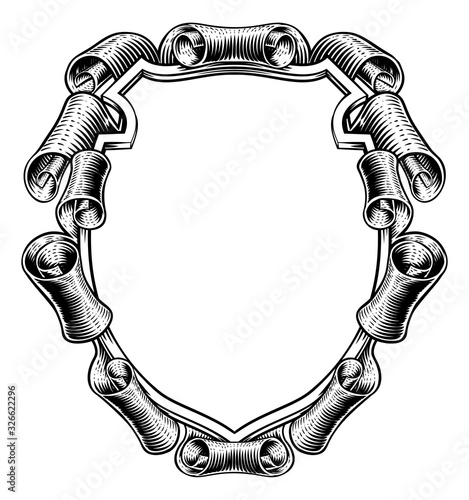 A coat of arms crest scroll vintage medieval style family heraldic shield decorative background frame.