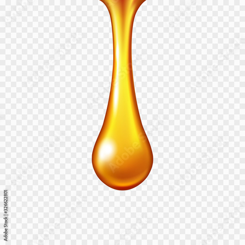 Oil drop or gold honey drip isolated on transparent background. Orange caramel, confectionery syrup, sauce droplet icon. Vector melted bee nectar template..