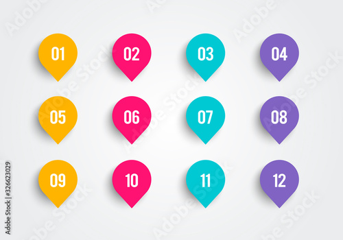 Vector illustration bullet point set. Marker in retro color. Pins with number 1 to 12.