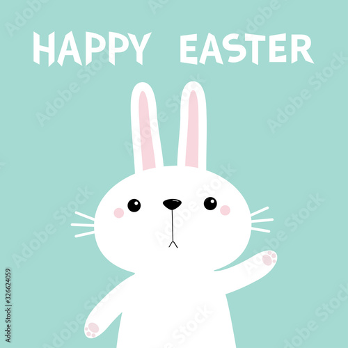 Happy Easter. Rabbit bunny waving paw print hand. Cute cartoon kawaii funny baby character. White farm animal. Blue background. Isolated. Flat design