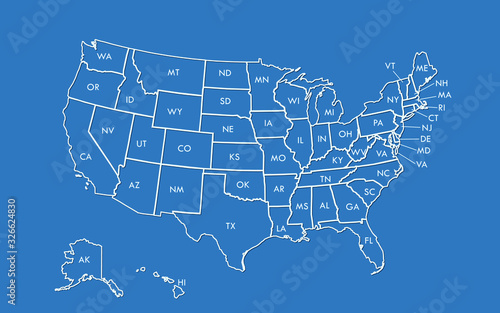 USA map outline vector with state names on blue background illustration