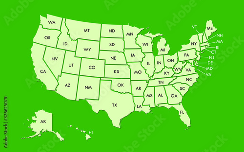 USA map land area vector with state names on green background illustration