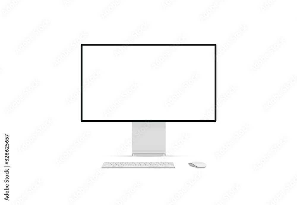 New desktop computer pro display with keyboard and mouse on background. Blank flat monitor screen. Modern creative workspace background. Computer front view. New desktop computer pro display with keyboard and mouse on background. Blank flat monitor screen. Modern creative workspace background. Computer front view.