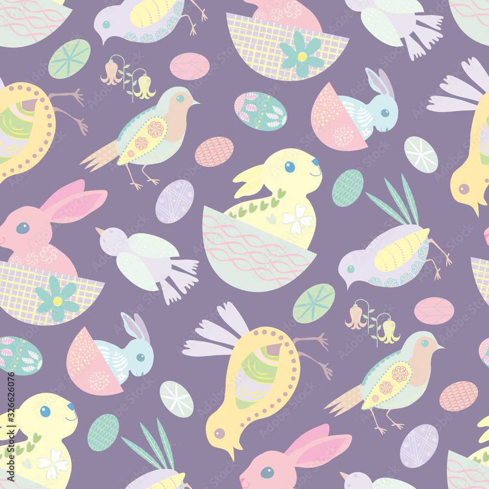 Easter bunny seamless vector pattern background. Decorated folk art rabbits, egg and chicks illustration. Scandinavian style baby animals and spring symbols backdrop. Christian celebration concept Easter bunny seamless vector pattern background. Decorated folk art rabbits, egg and chicks illustration. Scandinavian style baby animals and spring symbols backdrop. Christian celebration concept
