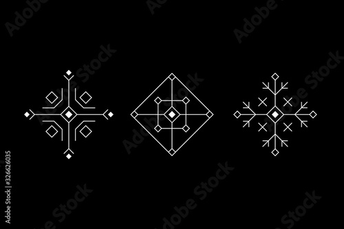 Magic rectangular geometry white symbol set. Rhombus based figures. UFO signs. Design symbols for puzzle, logic, metroidvania, indie games. Vector illustration.