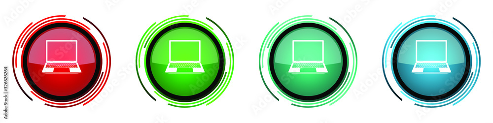 Open notebook round glossy vector icons, laptop, mobile computer set of buttons for webdesign, internet and mobile phone applications in four colors options isolated on white background Open notebook round glossy vector icons, laptop, mobile computer set of buttons for webdesign, internet and mobile phone applications in four colors options isolated on white background