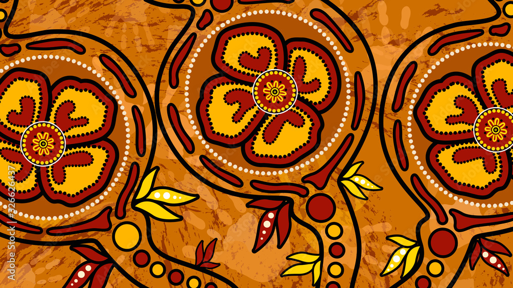 Aboriginal dot art painting with poppy flowers - Vector Illustration