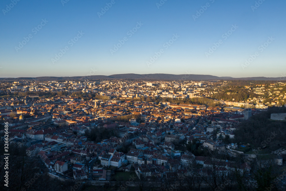 Aerial view of French medieval city, old buildings and cityscape in Besancon, France