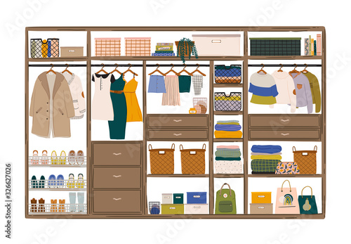 Stylish Scandinavian living room interior.  Female clothes in closet or wardrobe. Clothing organization and storage. Vector illustration