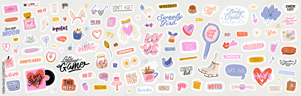 Beautiful love stickers with Valentines day elements and quotes. Romantic cartoon image and trendy lettering. Vector hand drawn flat illustrations, sign, objects for planner and organizer.