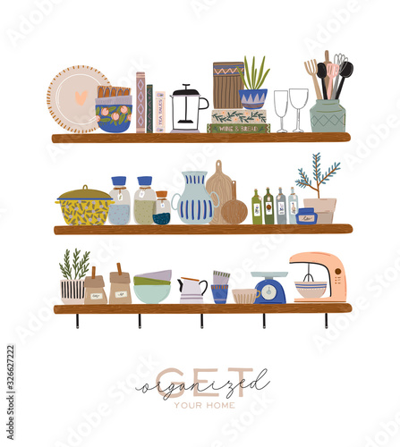 Stylish Scandinavian living room interior.  Female clothes in closet or wardrobe. Clothing organization and storage. Vector illustration