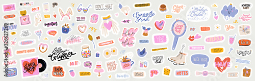 Beautiful love stickers with Valentines day elements and quotes. Romantic cartoon image and trendy lettering. Vector hand drawn flat illustrations, sign, objects for planner and organizer.