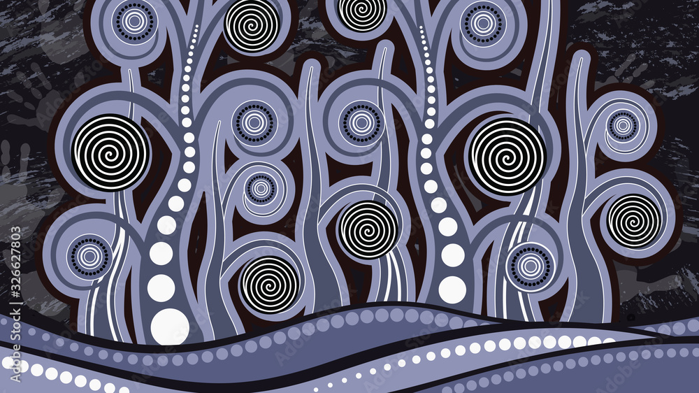 Tree on the hill, Aboriginal art vector painting depicting nature Stock ...