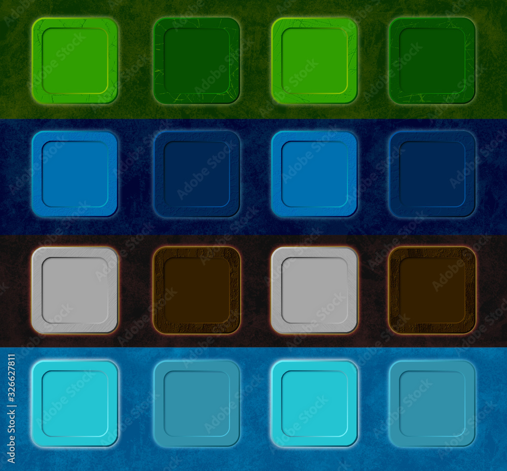 Casual icons with different colors. Elements: earth, water, fire and air. For game on texture background Casual icons with different colors. Elements: earth, water, fire and air. For game on texture background