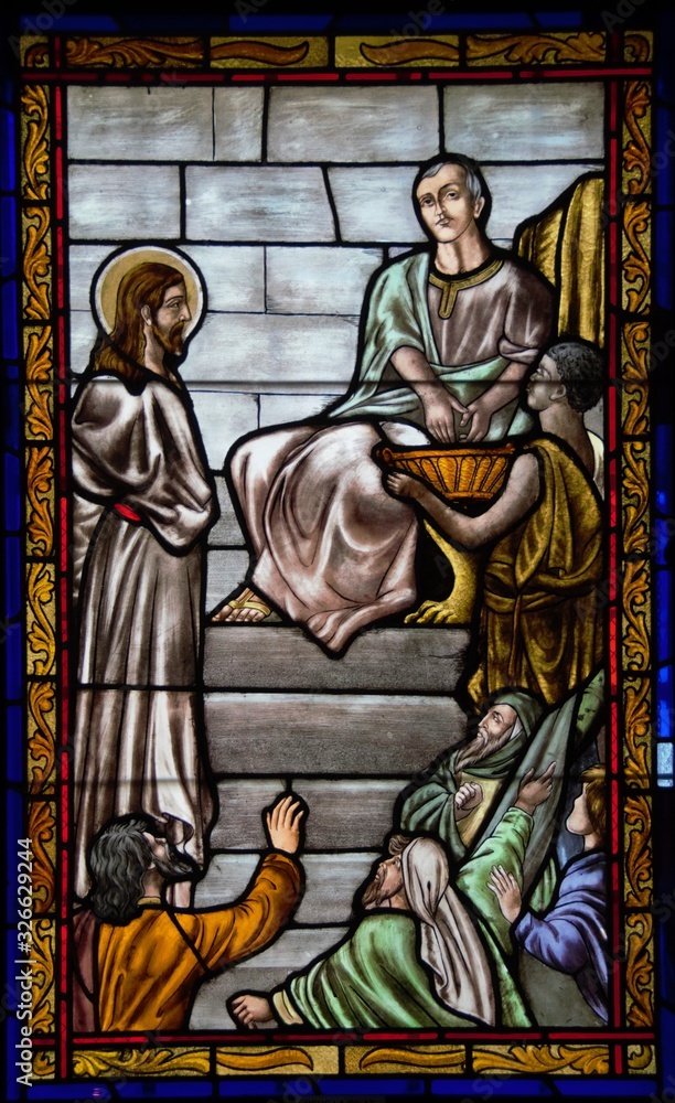 Stained glass representing Jesus to Pilate in the Annunciation Cathedral from Targu Mures city Romania 26.02.2020