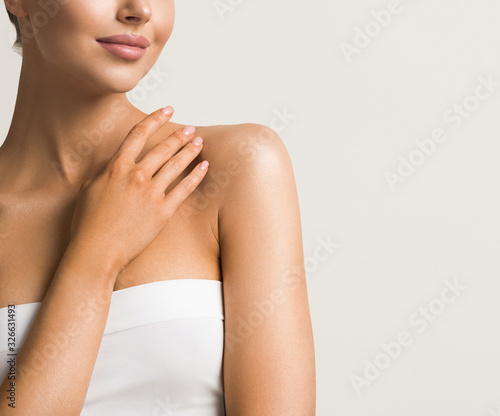 Beautiful hands woman natural beauty manicure chin shoulders photo