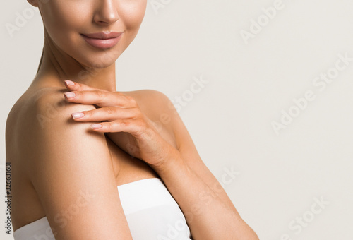 Hands woman manicure natural female beauty shoulders neck arms photo