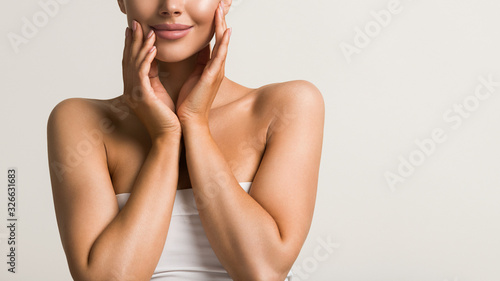 Beautiful hands woman natural beauty manicure chin shoulders