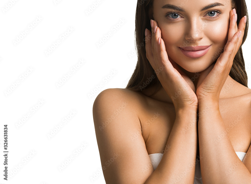 Beauty face woman with manicure hands nails clean skin natural make up healthy spa concept young model Beauty face woman with manicure hands nails clean skin natural make up healthy spa concept young model