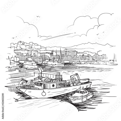 Panorama of the marina with fishing boats. La Spezia, Liguria, Italy. Vintage design. Linear sketch isolated on white background. EPS10 vector illustration