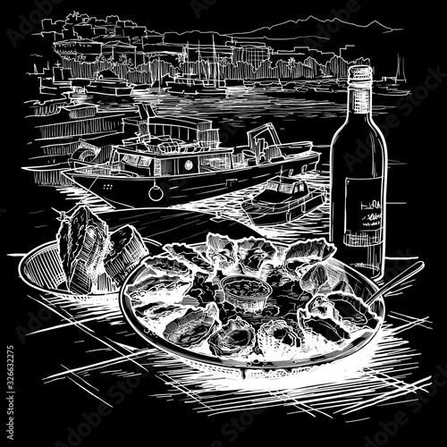 Oysters served on ice with a bottle of white wine and fresh bread. Panorama of the marina with boats on a background. La Spezia, Italy. Chalk on a blackboard. EPS10 vector illustration