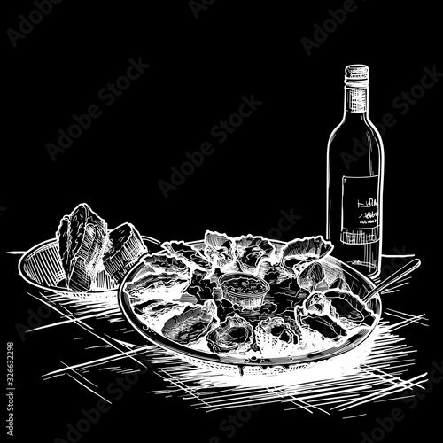 Oysters served on ice with a bottle of white wine and fresh bread. Restaurant menu template . Chalk on a blackboard. EPS10 vector illustration