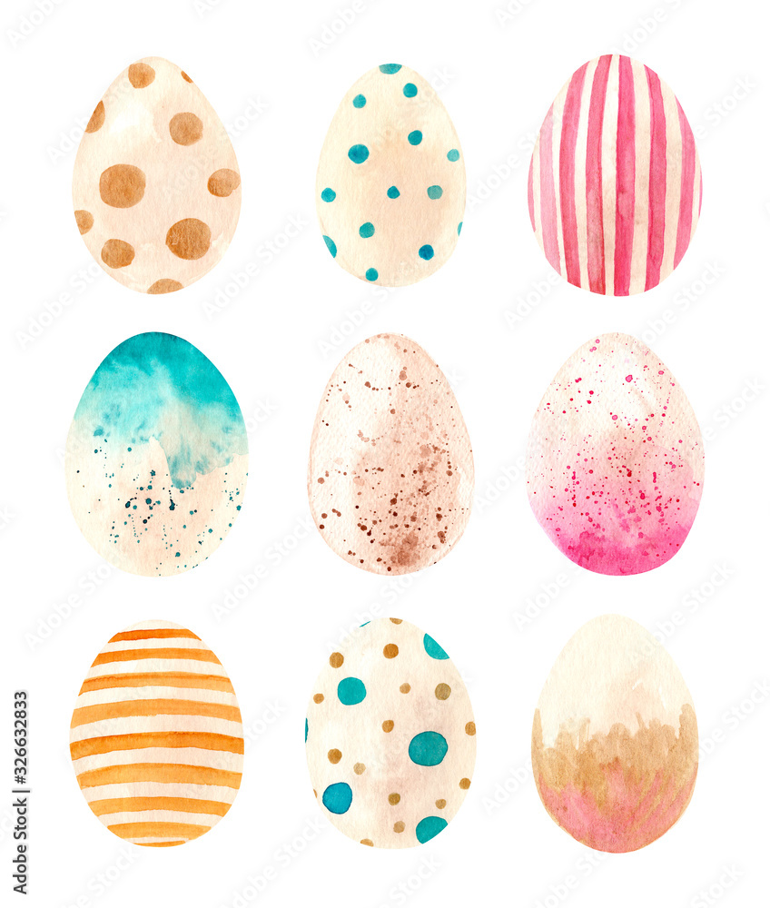 Watercolor set of hand drawn colored Easter eggs.