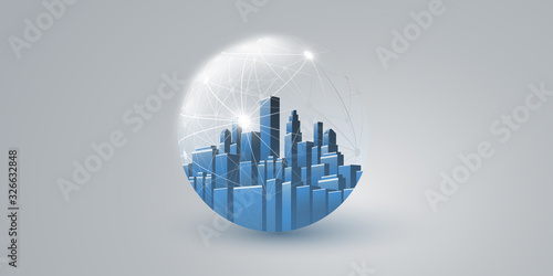 Smart City, Cloud Computing Design Concept with Transparent Globe - Digital Network Connections, Technology Background