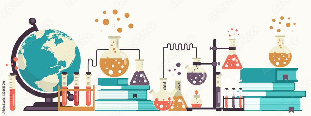 Laboratory equipment banner. Concept for science, medicine and knowledge. Flat vector illustration - obrazy, fototapety, plakaty 