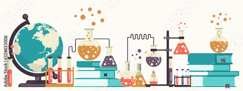 Laboratory equipment banner. Concept for science, medicine and knowledge. Flat vector illustration