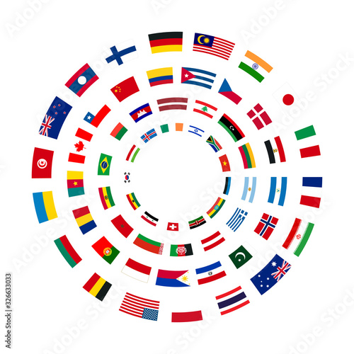A lot of flags of sovereign states arranged in four circles isolated on white background