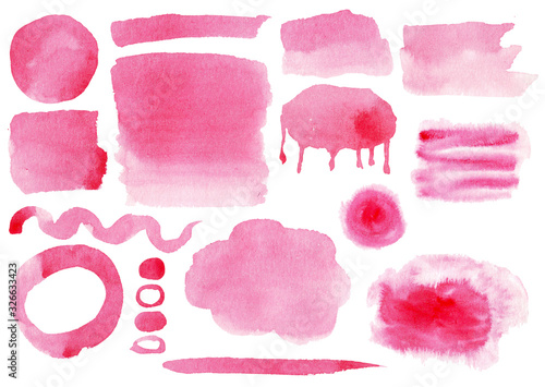 Set of pink watercolor splots, strokes ans splashes. Isolated on white background.