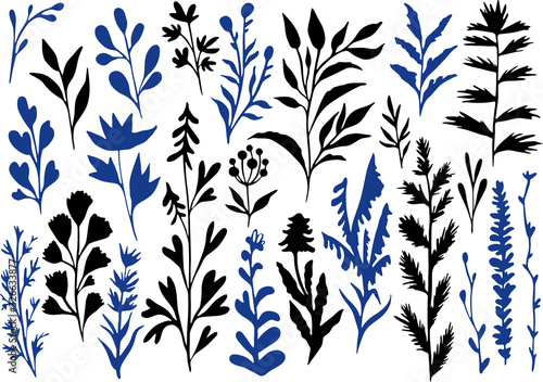 Flowers ink silhouettes illustration set of elements hand drawing