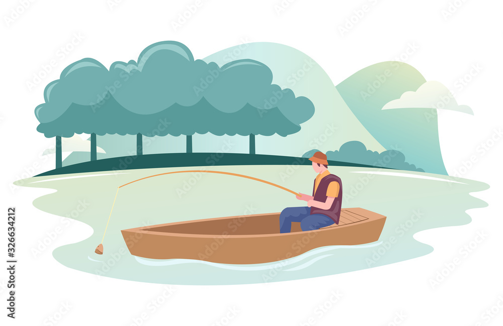 A fisherman is fishing using a boat in a river